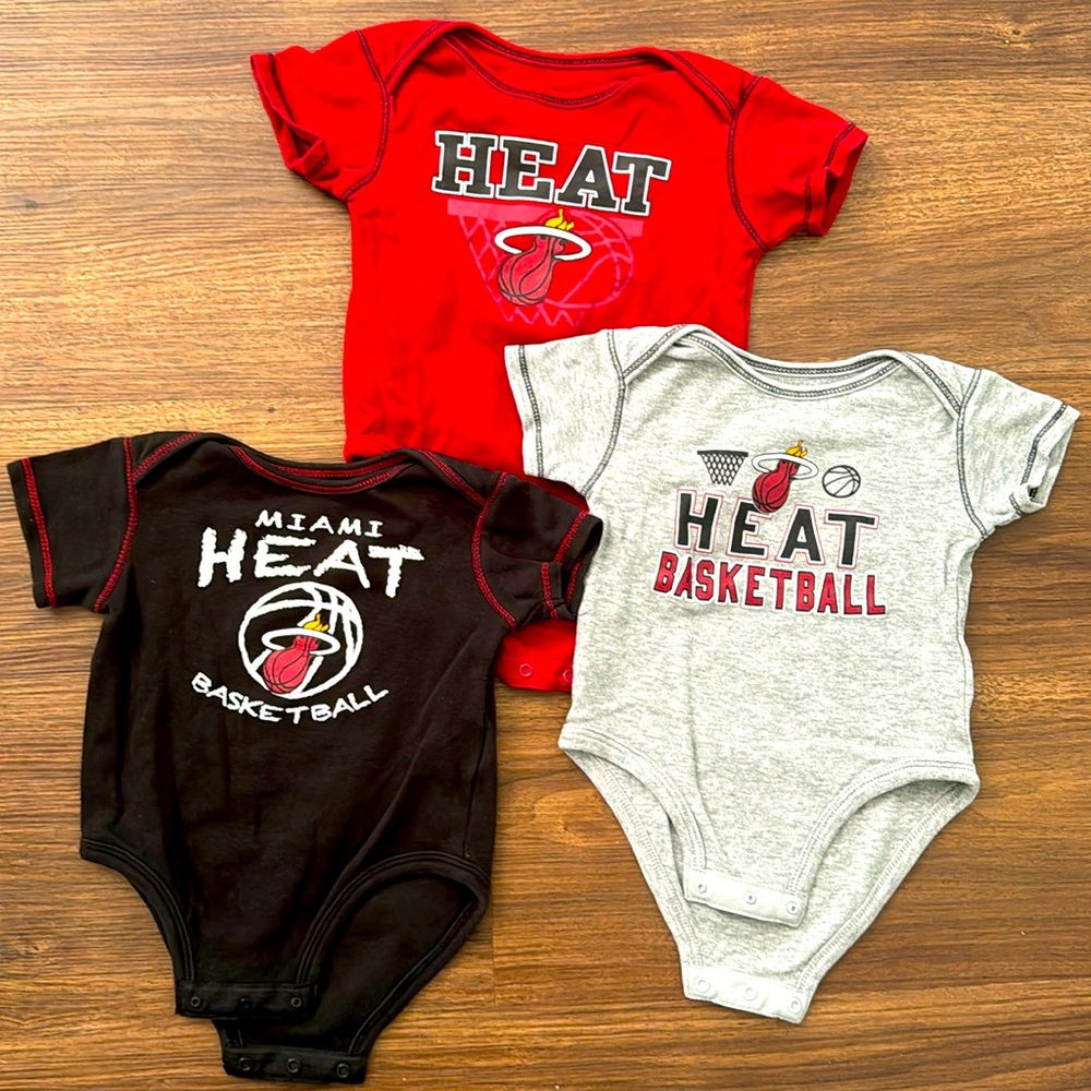 Three authentic NBA brand Miami Heat Onesies